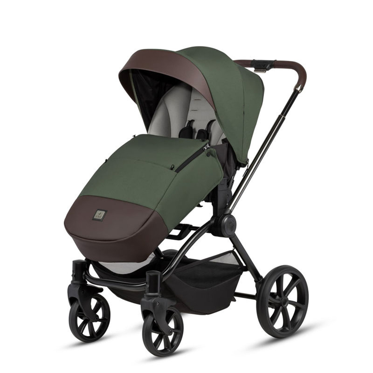 Kombikinderwagen 3-in-1 Dunkelgrün mit braunen Applikationen