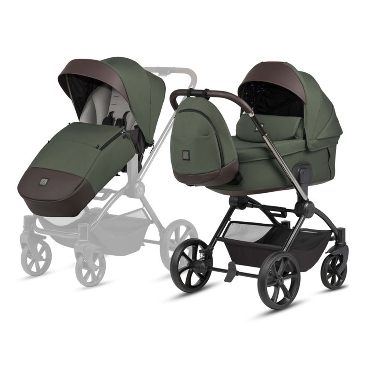 Kombikinderwagen 3-in-1 Dunkelgrün mit braunen Applikationen