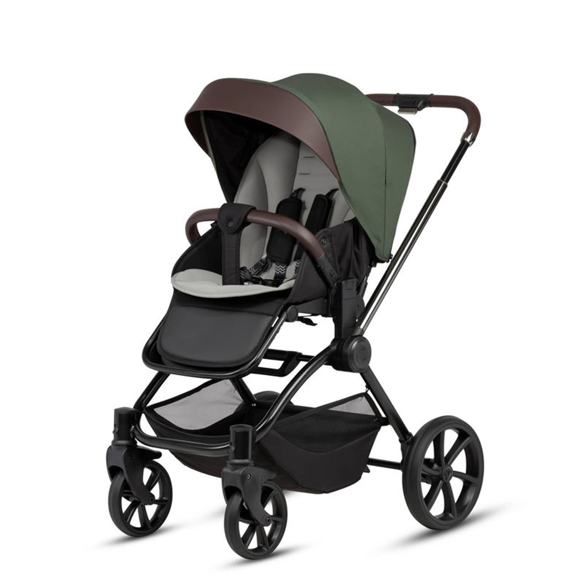 Kombikinderwagen 3-in-1 Dunkelgrün mit braunen Applikationen