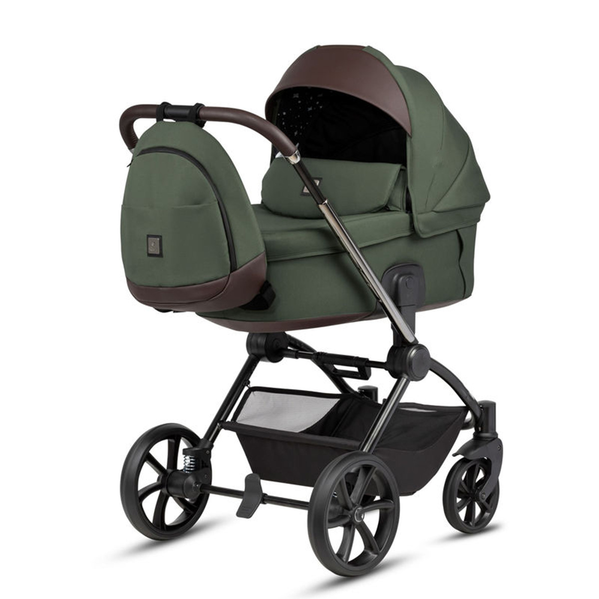 Kombikinderwagen 3-in-1 Dunkelgrün mit braunen Applikationen