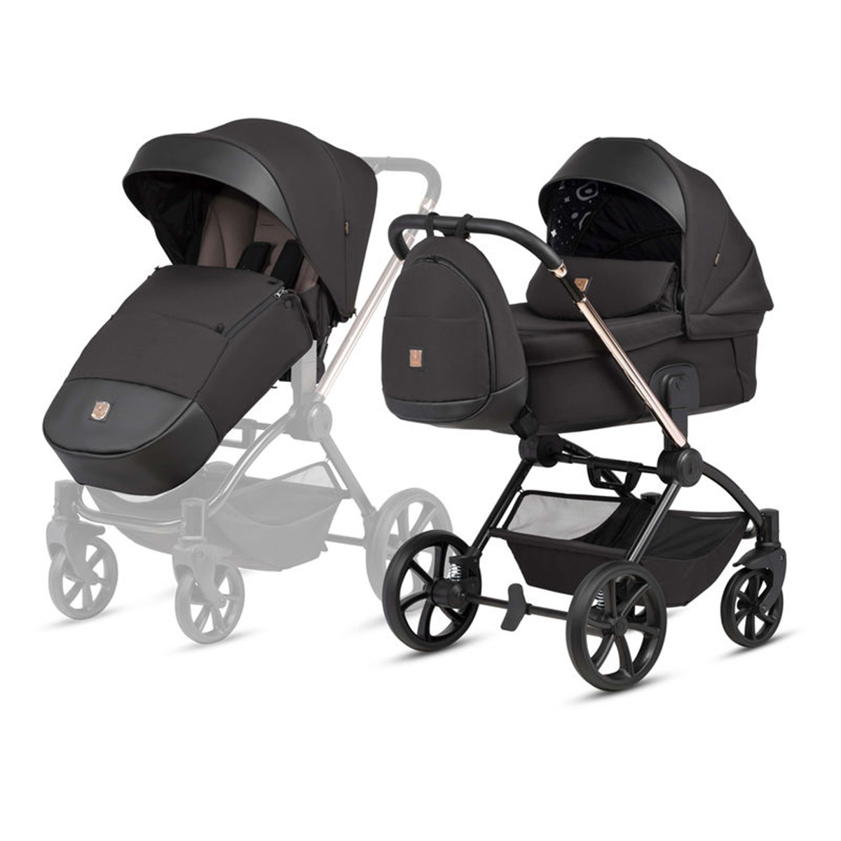Kombikinderwagen 3-in-1 Schwarz mit Roségold-Gestell
