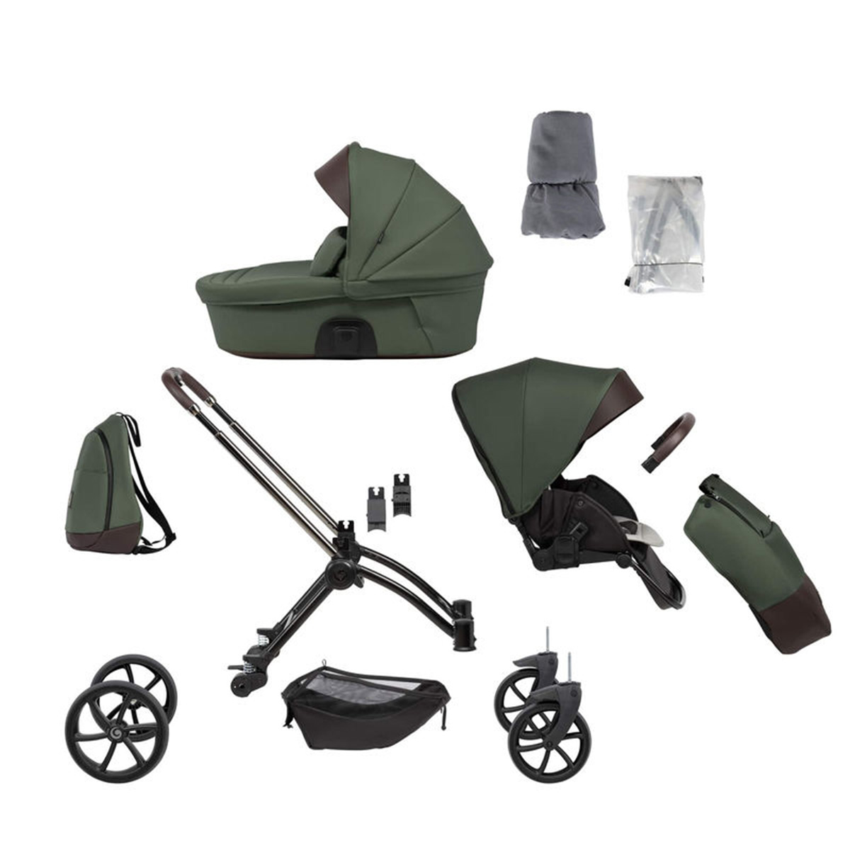 Kombikinderwagen 3-in-1 Dunkelgrün mit braunen Applikationen